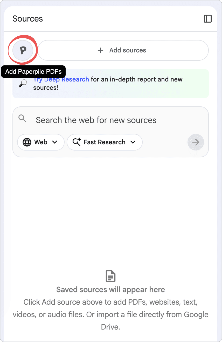 The Sources panel in NotebookLM with the circled Paperpile button and an “Add Paperpile PDFs” tooltip, beside “Add sources” and a “Saved sources will appear here” placeholder.